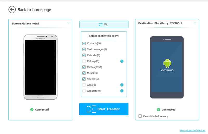 SMSを選択して、MotoからBlackBerryに転送します