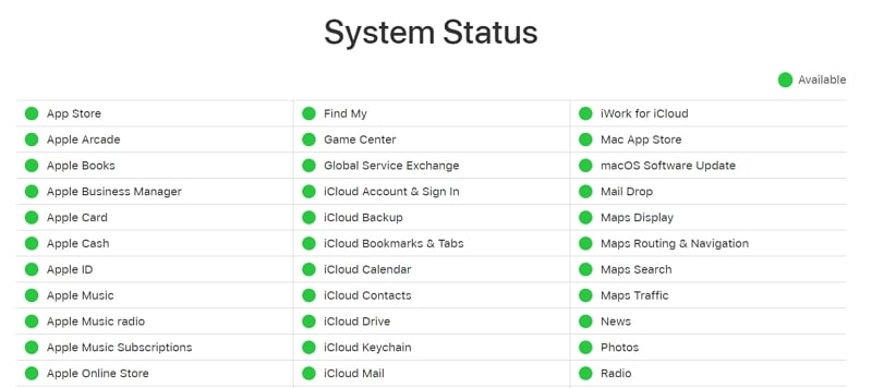 AppleのWebサイトでシステムステータスを確認して、Icloudの設定を更新することを修正してください