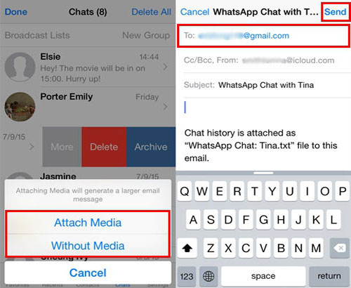 メールチャットを使用して、iPhoneからAndroidにWhatsAppを転送します