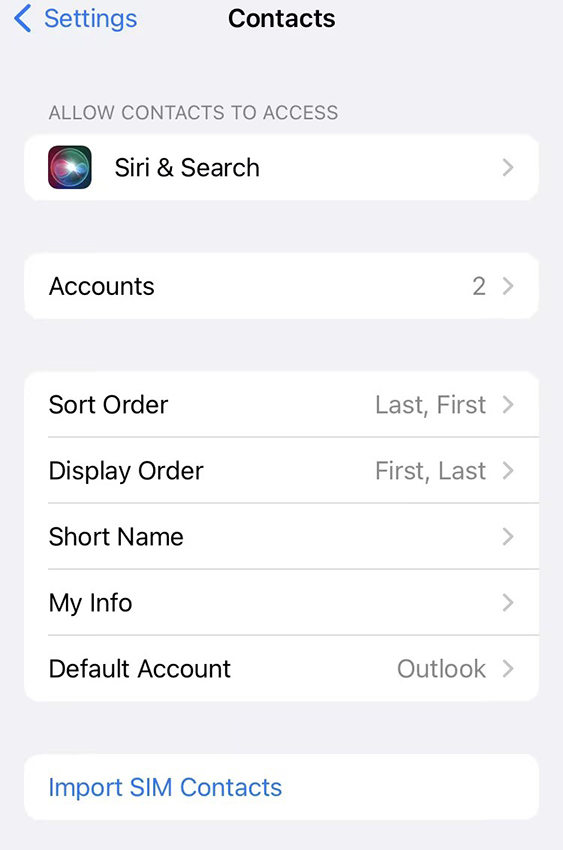 iPhoneはデフォルトアカウントに連絡します