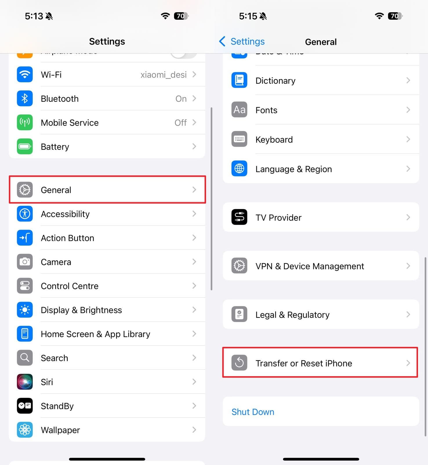 iPhoneオプションをタップまたはリセットします