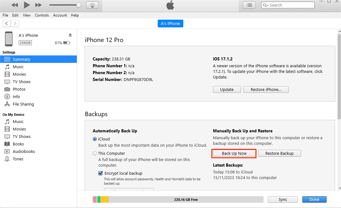 iTunes経由でiPhoneをバックアップします