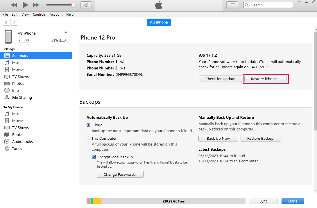 DFUモードを使用してiTunesに接続されているiPhone