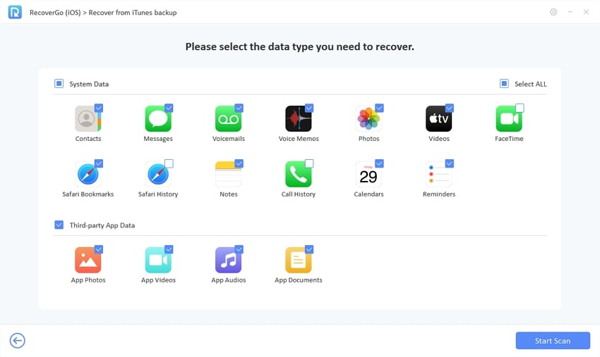 Recovergo iOS SelectデータはiTunesバックアップから回復します