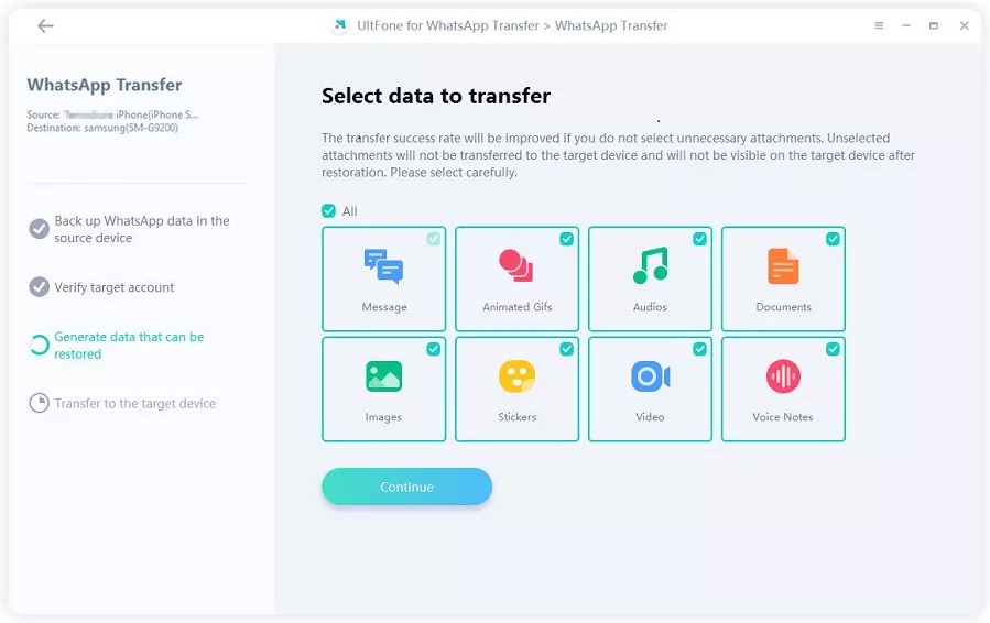 Tarnsferに必要なWhatsAppデータを選択します