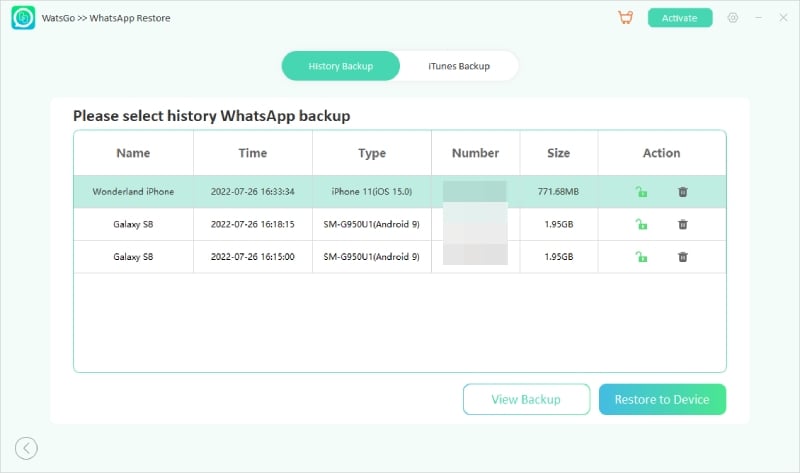 Watsgo Guide -WhatsApp History Backupを選択します