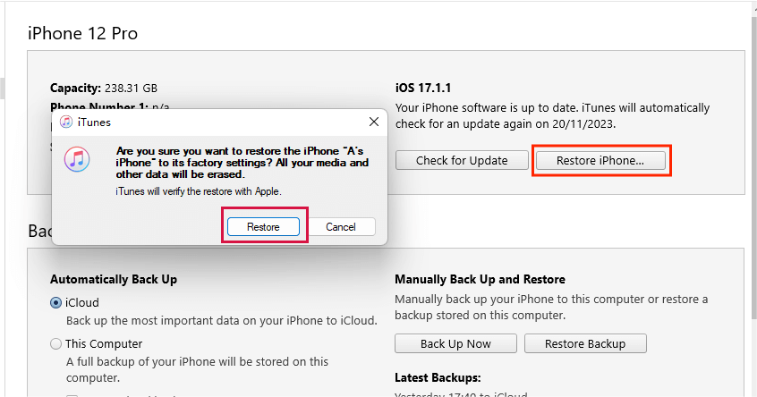 iTunes経由でiPhoneを復元します