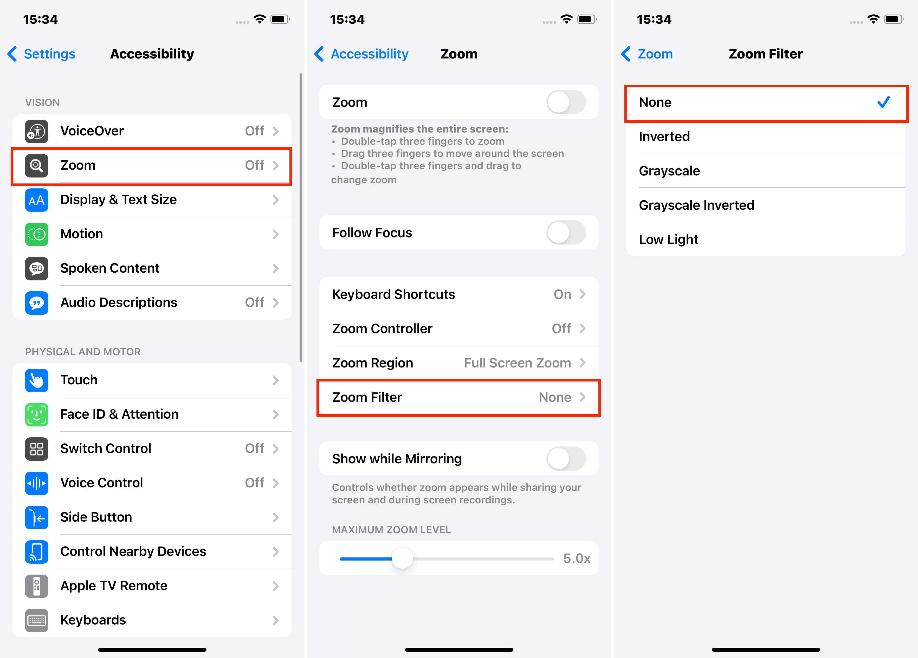 ズームフィルター設定を介してiPhoneのグレースケールモードをオフにする