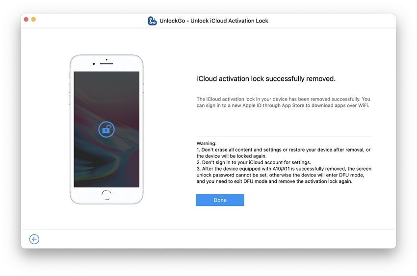 Unlockgo Guide -iCloudアクティベーションの除去が完了しました