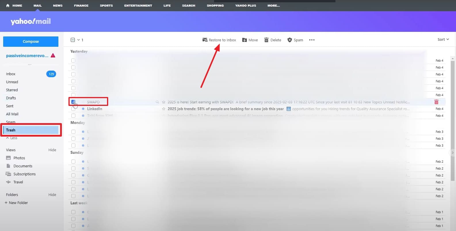 ごみにアクセスし、受信トレイに復元します